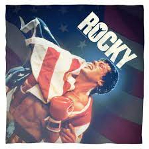 22 inches by 22 inches,  Rocky  "Raise Up"  Bandana. 100% Polyester - Light weight, ultra-soft feel

Please note we will always combine shipping on like items.  Any additional patch or pin will ship for 50 cent per item.  Any additional payment will be reimbursed to your Paypal account.  Thank You.