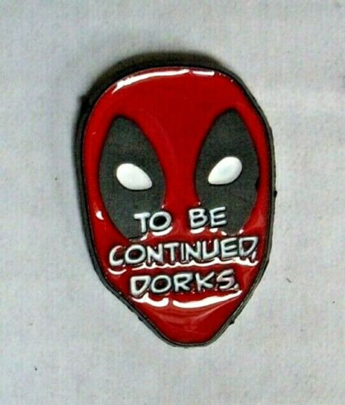 1 inch tall, a new Marvel Comics, Deadpool mask "to be continued, Dorks" enamel pin with clutch back. New.

Please note we will always combine shipping on like items.  Any additional patch or pin will ship for 50 cent per item.  Any additional payment will be reimbursed to your Paypal account.  Thank You.