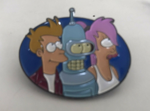1.5 inches wide, new Futurama Trio "Frye, Bender & Leela" enamel pin with a post and butterfly back.

Please note we will always combine shipping on like items.  Any additional patch or pin will ship for 50 cent per item.  Any additional payment will be reimbursed to your Paypal account.  Thank You.