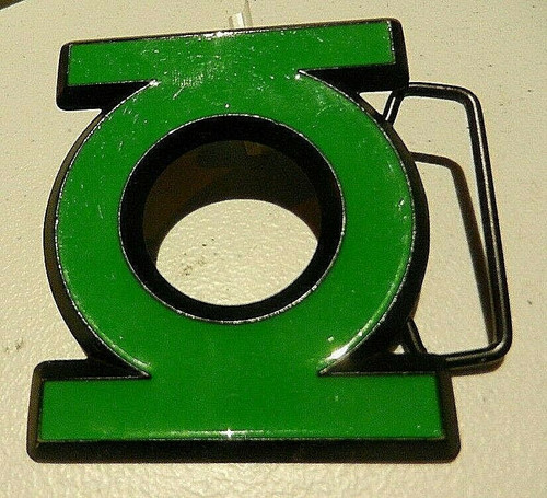 New metal Green Lantern Logo (DC Comics) Enamel Die Cut Belt Buckle.   The features are stamped to create the Green Lantern Logo and finally overlaid with a green enamel on top.   The belt buckle measures 3.25 inches wide by 2.75 inches tall.  The buckle will accommadate a belt strap upto to 1.5 inches wide.   A web belt or any belt strap is not included,  only the buckle described.

Please note we will always combine shipping on like items.  Any additional patch or pin will ship for 50 cent per item.  Any additional payment will be reimbursed to your Paypal account.  Thank You.