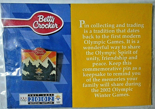 1. 1/8 inch wide, a new Betty Crocker 2002 Salt Lake City Olympic Winter Games Metal Enamel Pin with clutch back. 

Please note we will always combine shipping on like items.  Any additional patch or pin will ship for 50 cent per item.  Any additional payment will be reimbursed to your Paypal account.  Thank You.