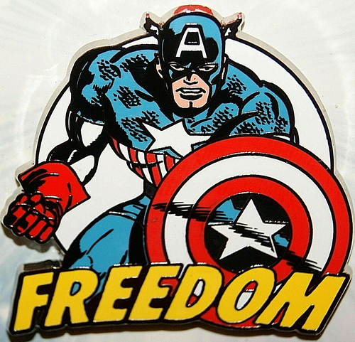 1 3/4" inches wide. a new Captain America "Freedom" enamel pin with clutch back. New. 

Please note we will always combine shipping on like items.  Any additional patch or pin will ship for 50 cent per item.  Any additional payment will be reimbursed to your Paypal account.  Thank You.