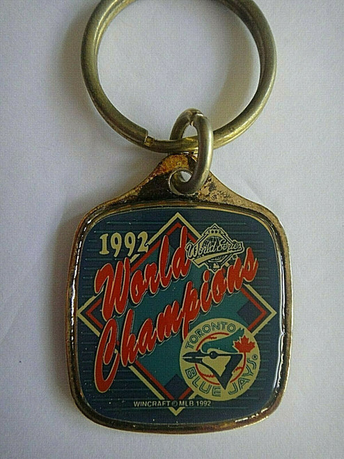 1.5 inches square,  a new Toronto Blue Jays, 1992 World Series Champion Brass Key Chain. New.  
This key chain is new old stock from 28 years old, brand new.   The item is made from brass and some show some oxidation and might need to be cleaned with a metal cleaner.  

Please note we will always combine shipping on like items.  Any additional patch or pin will ship for 50 cent per item.  Any additional payment will be reimbursed to your Paypal account.  Thank You.