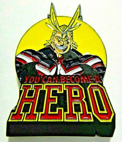 1.25 inches tall,  All Mighty from My Hero Academia "You Can Become a Hero" Enamel Pin  with clutch back. New.

Please note we will always combine shipping on like items.  Any additional patch or pin will ship for 50 cent per item.  Any additional payment will be reimbursed to your Paypal account.  Thank You.