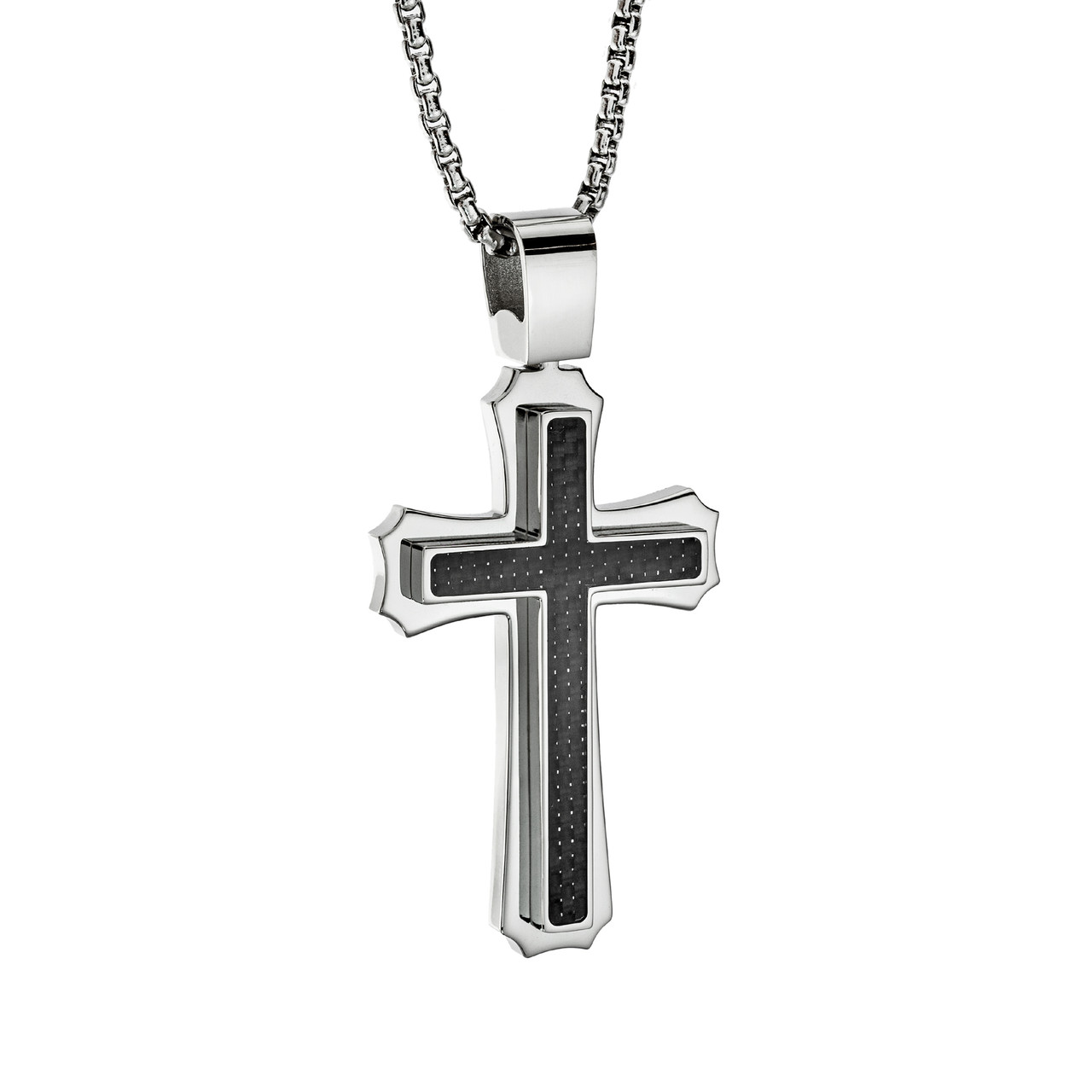 Men's Cross Pendant Necklace with Carbon Fiber Detail