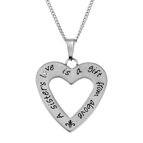 Sterling Silver "A Sister's Love" Heart Pendant Necklace with Cubic Zirconia