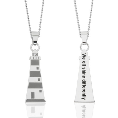 The lighthouse is the symbol of strength, safety and individuality. A lighthouse in our mind guides us so that we do not repress or neglect our unconscious out of fear. Engraved on the back with “We All Shine Differently”, which is a sign of our individuality. This lighthouse pendant is perfect for those who love seashore and nautical jewelry.

Polished sterling silver, engraved, 18 inches chain with a 3 inches extender. Packaged in an elegant gift box. Perfect for Giving or Safekeeping.