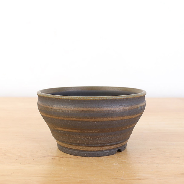  4.5" Semi-glazed Stripe Patterned Round Shohin Pot by Mikel Edwards