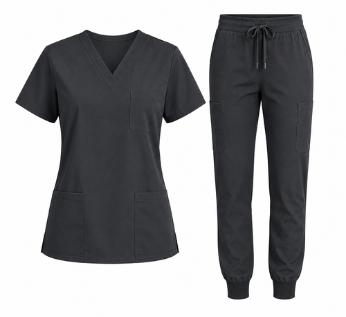 Stretch Women's Jogger Scrub Set - 7 Pockets, Half Sleeve (3-Pocket Top & Jogger Pant with 2 Back and 2 Cargo Pockets)