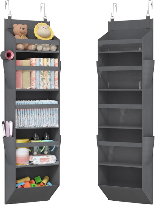 Over the Door Organizer, 5 Section Clear Window Hanging Storage with 4 Side Pockets, Sturdy Anti Tilt 40 lbs Load Behind Door for Closet, Bedroom, Bathroom, Nursery, Dorm, Gray