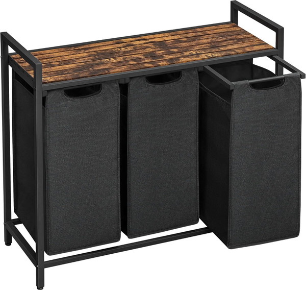 Laundry Hamper, Laundry Basket, Laundry Sorter with 3 Pull-Out and Removable Bags, Shelf, Metal Frame, 3 x 10.6 Gallons (40 L), 36.4 x 13 x 28.4 Inches, Ink Black and Rustic Brown