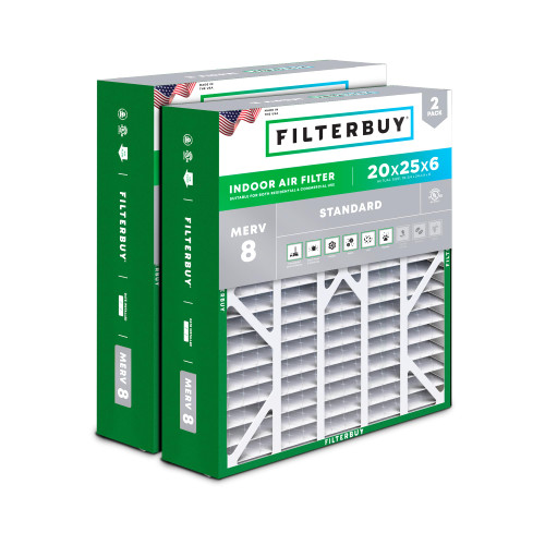 Filterbuy 20x25x6 Air Filter MERV 8 Dust & Allergy Defense (2-Pack)