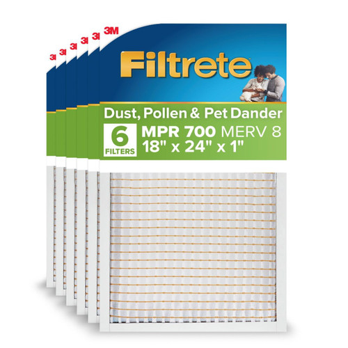 Filtrete 18x24x1 AC Furnace Air Filter, MPR 700, MERV 8, Tough on Pollen, Easy on Airflow, 3-Month Pleated 1-Inch Electrostatic Air Cleaning Filter, 6-Pack (Actual Size 17.81 x 23.81 x 0.81 in)