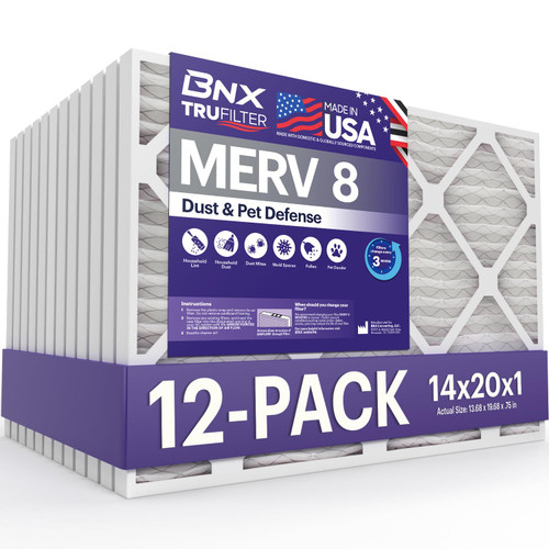BNX TruFilter 14x20x1 Air Filter MERV 8 (12-Pack) - MADE IN USA – Dust & Pet Defense Electrostatic Pleated Air Conditioner HVAC AC Furnace Filters for Dust, Pet, Mold, Pollen MPR 600 – 700 & FPR 5