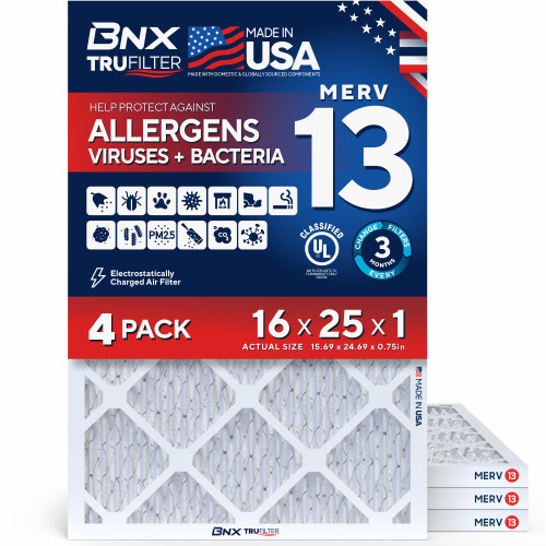 BNX TruFilter 16x25x1 Air Filter MERV 13 AC Filter, HVAC Furnace Filter, 4 Pack (ACTUAL SIZE 15.69"x24.69"x0.75") Allergies, Dust, Pet Dander & Smoke - MADE IN USA - MPR1500 / FPR 10