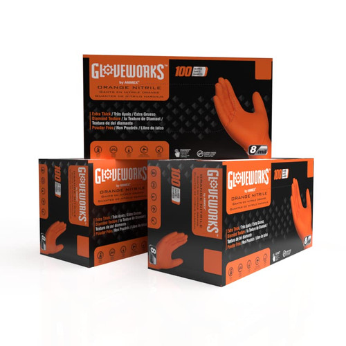 GLOVEWORKS Nitrile Gloves Disposable Orange 8 mil, X-Large 3 Boxes of 100