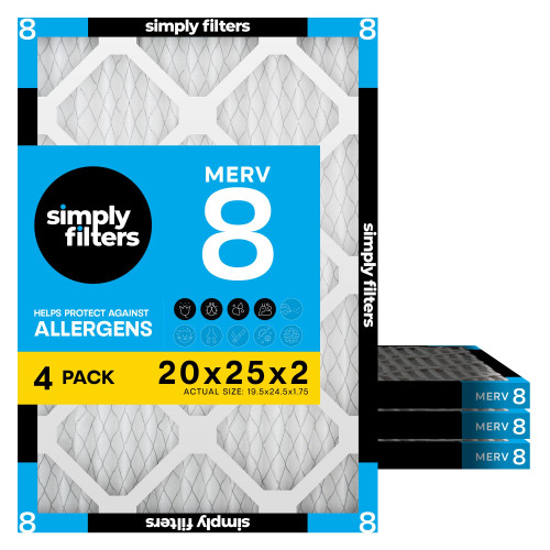 Simply 20x25x2 Air Filter, MERV 8, 4 Pack, Furnace Air Filter for HVAC (Actual Size: 19.5"x24.5"x1.75") DUST, Pet & Allergy Control