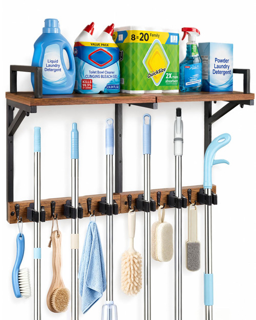 Lorbro Broom Holder Wall Mount with Cleaning Supplies Storage, Heavy Duty