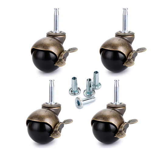 Skelang 2" Ball Caster, Grip Neck Stem Caster with Brake and Sockets, Vintage Antique Swivel Caster Wheel for Furniture, Ottoman, Cabinet, Coffee Table, Pack of 4 (Stem Mounting 5/16" × 1-1/2")