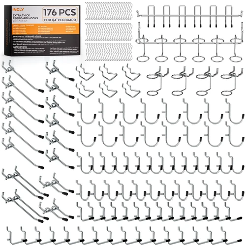 INCLY 176PCS Pegboard Hooks with Peg Locks, 1/4" Heavy Duty Metal