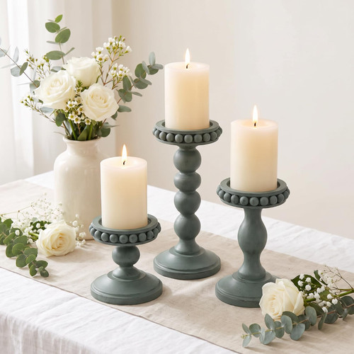 Mumufy 3 Set Wooden Candle Holders for Pillar Candles, Sage Green, Small