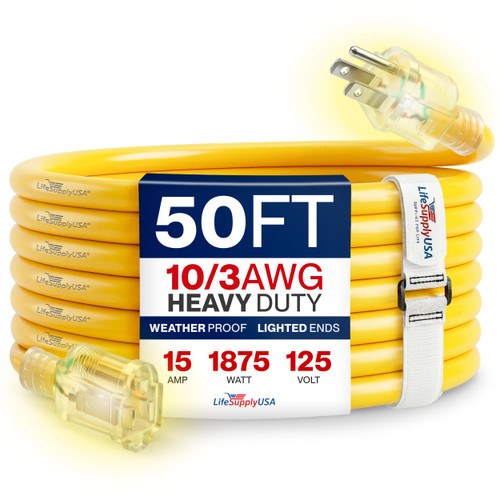 50ft Outdoor/Indoor Extension Cord 10/3 Gauge Ultra Heavy Duty 3 Prong SJTW, Waterproof, Flexible Cold-Resistant Long Power Cord,15A 125V 1875W, Yellow by LifeSupplyUSA