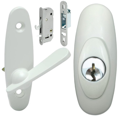 Gliding Patio Door Keyed Lock Assembly with Mortise Latch Compatible with Andersen OEM Part #2562123, #2573068 & #2573078, 2-9/16" Hole Centers, Non-Handed, White Diecast