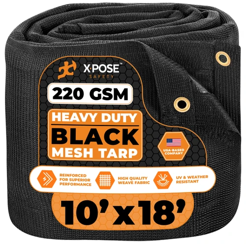 Xpose Safety Heavy Duty Mesh Tarp – 10’ x 18’ Multipurpose Black Protective Cover with Air Flow - Use for Tie Downs, Shade, Fences, Canopies, Dump Trucks – Tear Resistant