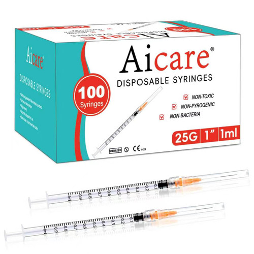 100 Pack 1ml Lab Syringes with 25Ga 1 Inch Needle Luer Lock, Individually Sealed Packed