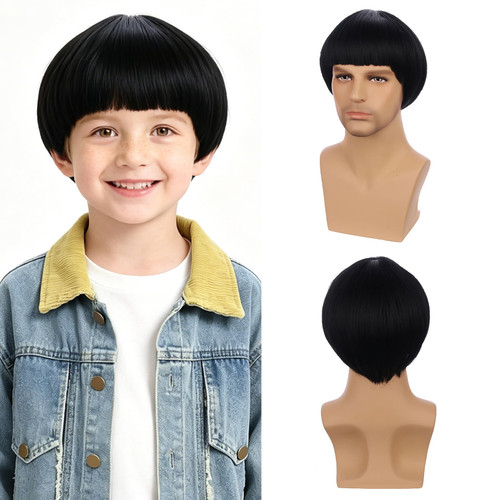 Edivd Child Brown Wig Boys Short Brown Straight Wig with Bangs for Kids Heat Resistant Synthetic Wigs with Cap