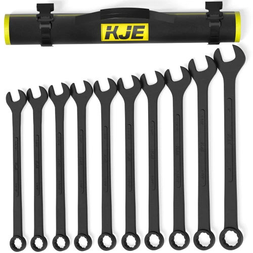 KJE 10-Piece SAE Black-Oxide Jumbo Combination Wrench Set, Open-End large Wrench, big Wrench Set, SAE Sizes 1-5/16" - 2" for Large Vehicles