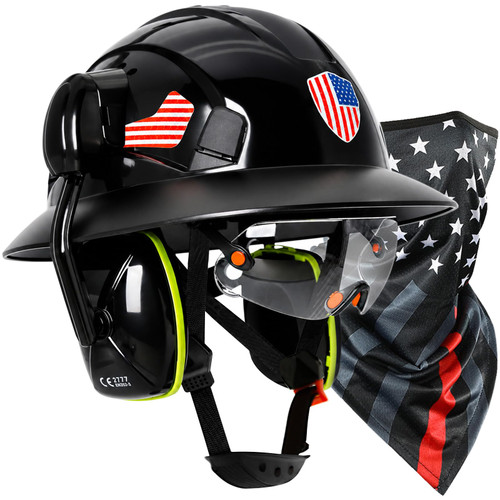 Full Brim Hard Hat OSHA Approved Visor Earmuffs and Neck Gaiter, Black