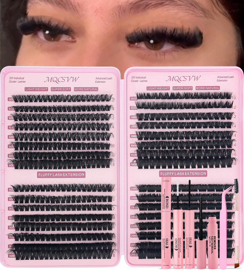 Fluff Lash Clusters Kit 60D+80D+100D+200D Individual Lashes 10-18mm D Curly Cluster Wispy Eyelash Extensions Thick False Eyelashes, with Tweezers Bond Seal Brush Remover Diy