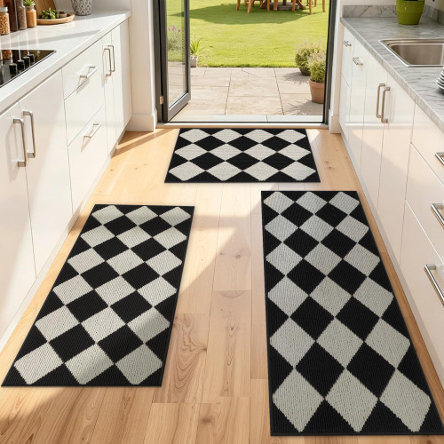 SHACOS Kitchen Rugs Set of 3 Checkered Kitchen Mats for Floor, Black/White