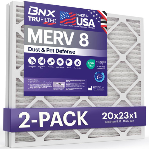 BNX TruFilter 20x23x1 Air Filter MERV 8 (2-Pack) - MADE IN USA – Dust & Pet Defense Electrostatic Pleated Air Conditioner HVAC AC Furnace Filters for Dust, Pet, Mold, Pollen MPR 600 – 700 & FPR 5