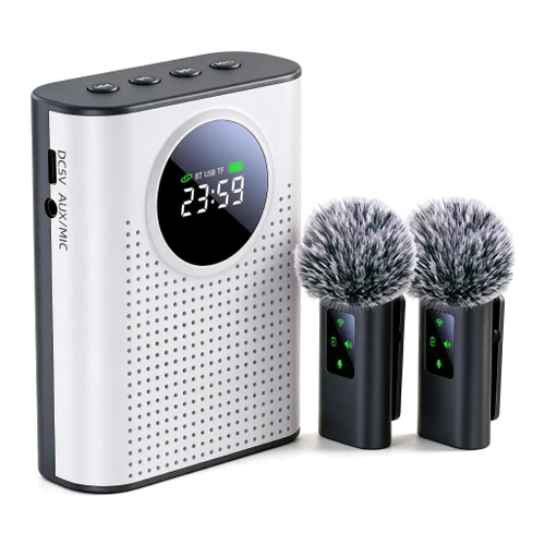 ZERFUN S67 Voice Amplifier Wireless Microphone Dual for Teachers Classroom Rechargeable, Mini Lavalier Lapel Mic, Portable Speaker PA System with LED Display for Class, Tour Guide, Coaches, White