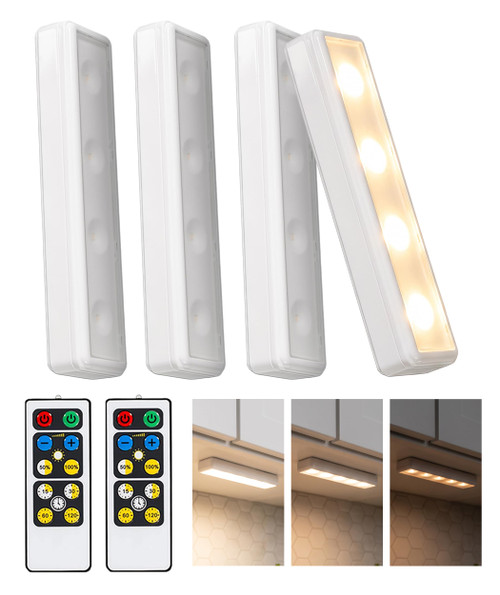 Brilliant Evolution 0.6" Ultra-Thin Wireless Under Cabinet Lights - 4 Pack, 8.5"L Battery-Operated LED Fixtures with 2 Remotes 3000K Warm White Stick-On Lighting, Timer Included for Kitchen & Counter