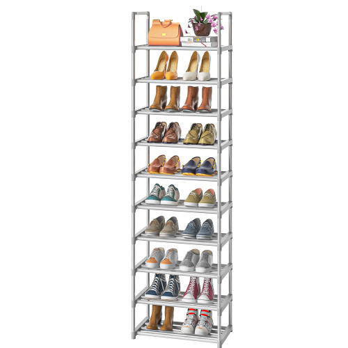 OYREL 10-Tier Metal Shoe Rack, Narrow Shoe Rack Organizer, Sturdy Shoe Shelf for Closets, Entryway, Bedroom, Garage - Silver