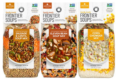 Frontier Soups Hearty Meals 3 Flavor Variety Bundle: (1) Indiana Harvest Sausage & Lentil - 16 oz, (1) Minnesota Heartland 11-Bean - 18 oz and (1) Illinois Prairie Corn Chowder - 7 oz (3 Bags Total)
