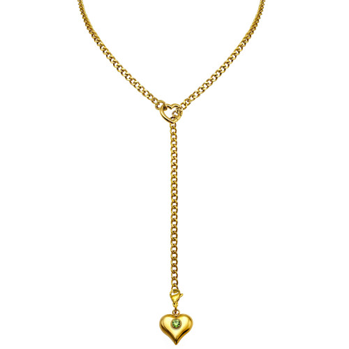 EverGlimp 18K Gold Plated Slip Chain Necklace for Women, Adjustable Heart Lariat Y-Necklace with Removable Heart Clasp and Crystal Gemstone Pendant, Stainless Steel Waterproof Chain Jewelry (Green)