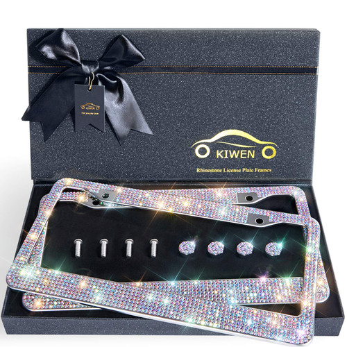 Bling License Plate Frames with High End Ribbon Gift Box,2 Pack Rhinestone License Plate Frame,Handcrafted Crystal Premium Stainless Steel Bling License Plate Frame for Women,Birthday