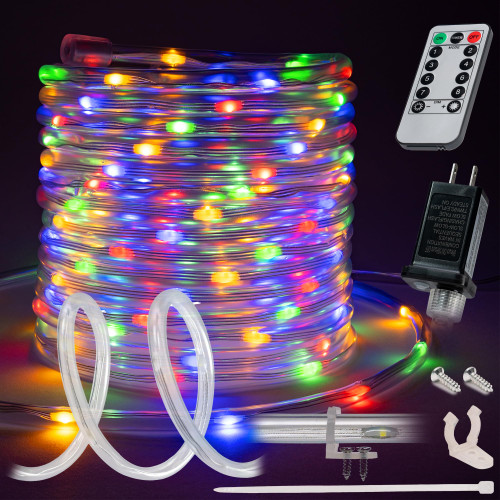 West Ivory 100ft Colorful 8-Mode LED Rope Light, Outdoor Waterproof Accent Lighting, Remote Control Included, ETL Certified w/Clear Flexible PVC Tube, Backyard, Holiday Christmas Lights, Ambient Décor