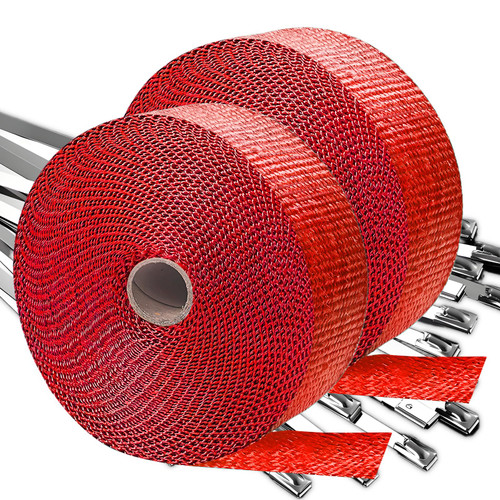 Titanium Exhaust Wrap | 2'' x 200" Exhaust Heat Wrap | Header Wrap | Heat Shield Tape 2 Rolls with 20 PCS 11.8 Inch Stainless Steel Ties for Motorcycle Car Truck (Red, 2 Rolls)