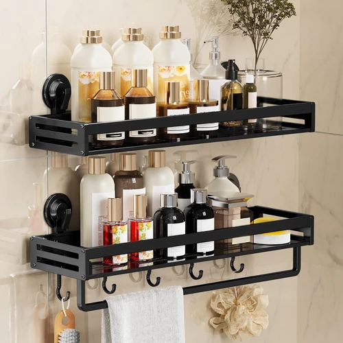 CIBOTIES Suction Cup Shower Caddy with 5 Hooks & Towel Rrack 11.8inch Black