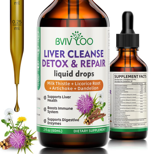 Liver Cleanse Detox & Repair Liquid Drops - 2000mg Milk Thistle, Dandelion Root, Artichoke, Silymarin Extract, & Turmeric Herbs - Vegan - 2 Fl Oz (60ml) Bottle