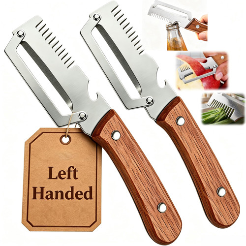 【Left-Handed】Vegetable Peeler 2Pcs - 3 in 1 Kitchen Knife with Stainless Steel Zero Snag Wooden Handle Peelers for Fruit Veggie, Multifunctional Potato Peeling Tool Bottle Opener & Cutter Slicer
