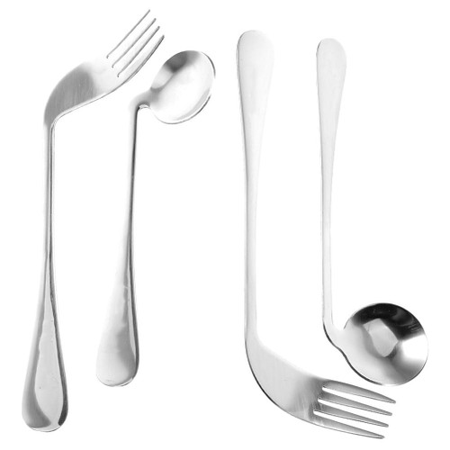 Adaptive Utensils Set for Left & Right Hand - Curved Stainless Steel Spoon and Fork for Elderly, Adults with Tremors, Comfortable Angled Handle Design for Easy Feeding at Home (4pcs)