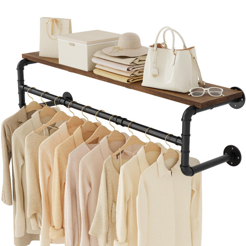 Yawinhe Industrial Pipe Clothing Rack with Shelves,Closet Rod,Rustic Brown