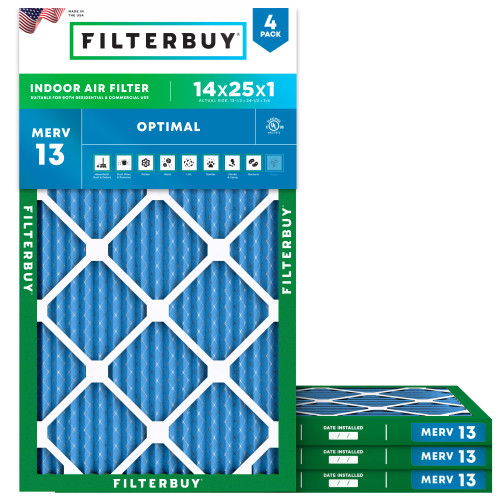 Filterbuy 14x25x1 Air Filter MERV 13 Smoke & Allergy Defense (4-Pack)
