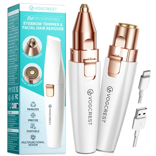 Rechargeable Eyebrow and Facial Hair Remover for Women - 2 in 1 Razor with Built-in LED Light for Painless Hair Removal
